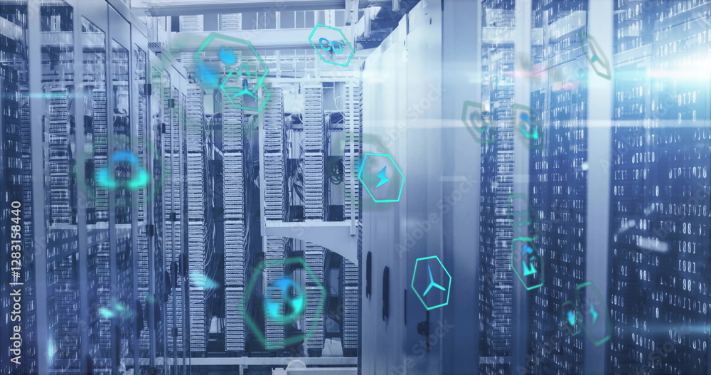 Poster image of eco icons and digital data processing over computer servers