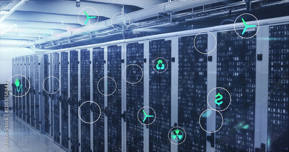 Poster image of eco icons and digital data processing over computer servers