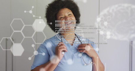 Image of science data processing over biracial female nurse smiling