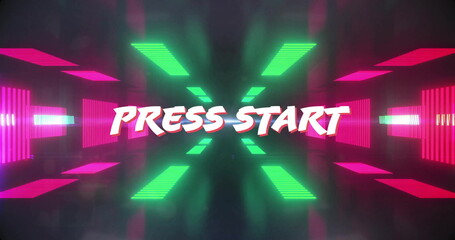 Image of press start text over colourful neon shapes