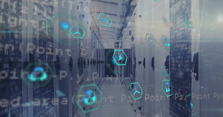 Image of eco icons and digital data processing over computer servers