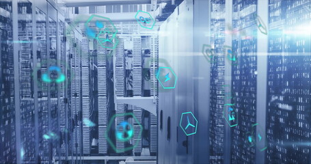 Image of eco icons and digital data processing over computer servers