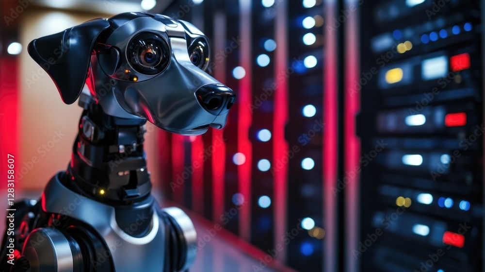 Poster A robot dog sits in front of a server, perfect for technology and innovation concepts
