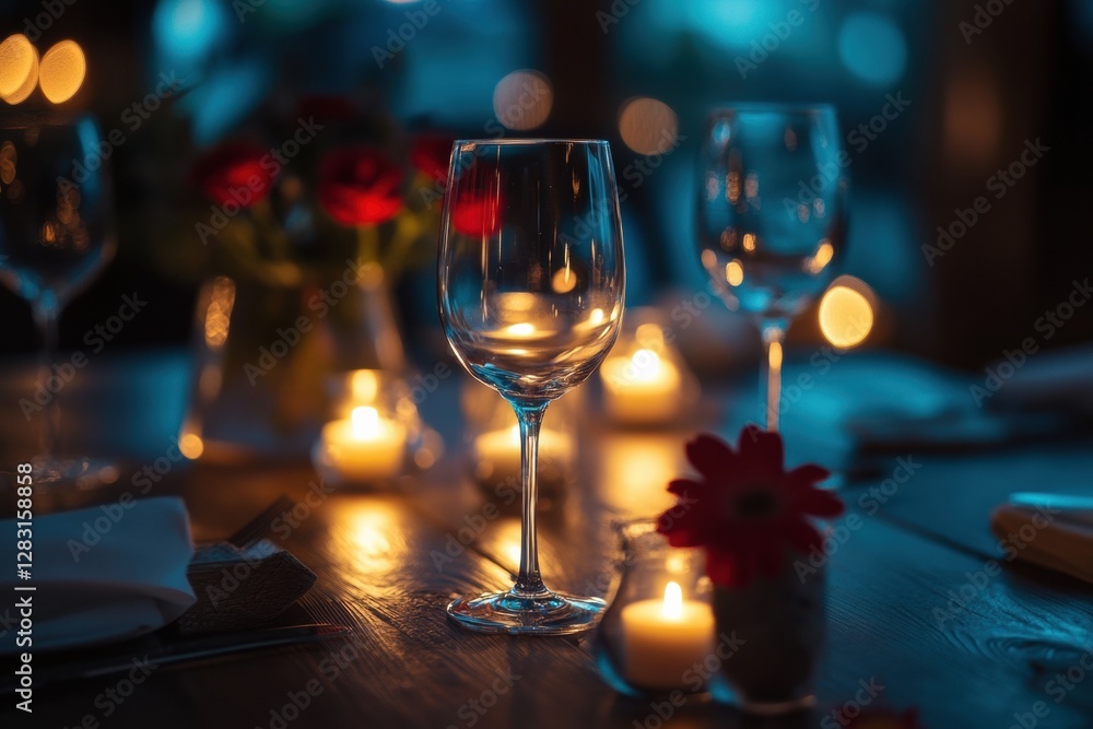 Poster romantic dinner setting with candlelight and elegant glassware at twilight. generative ai