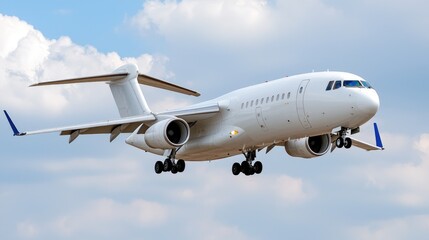 Obraz premium White jet airplane landing, cloudy sky background. Possible use Stock photo for travel, aviation, or commercial airline