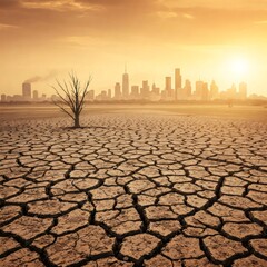 Climate change causing severe drought near city skyline at sunset