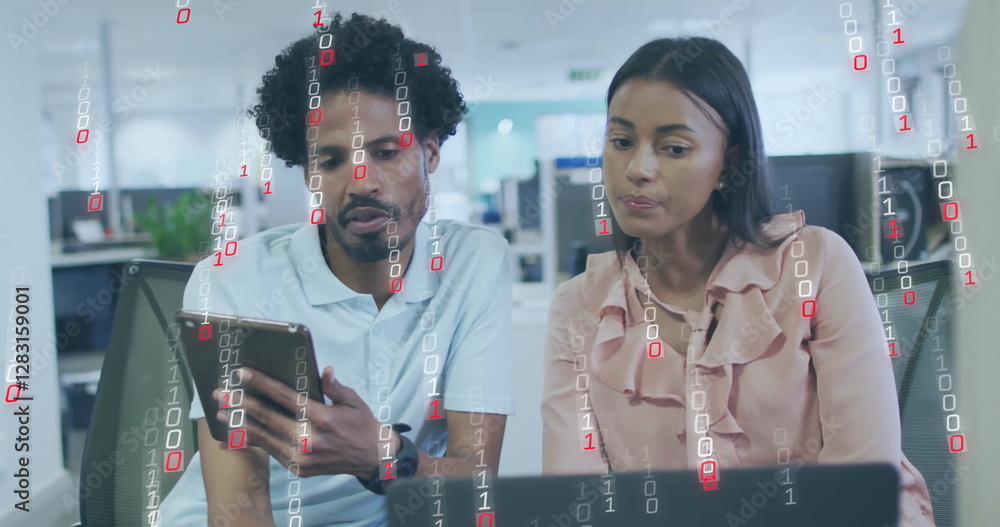 Aufkleber image of data processing over diverse colleagues discussing work in office