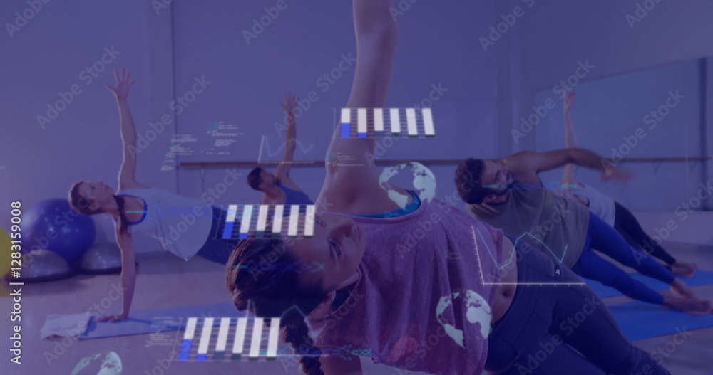 Poster people exercising in gym with global data analytics image over them