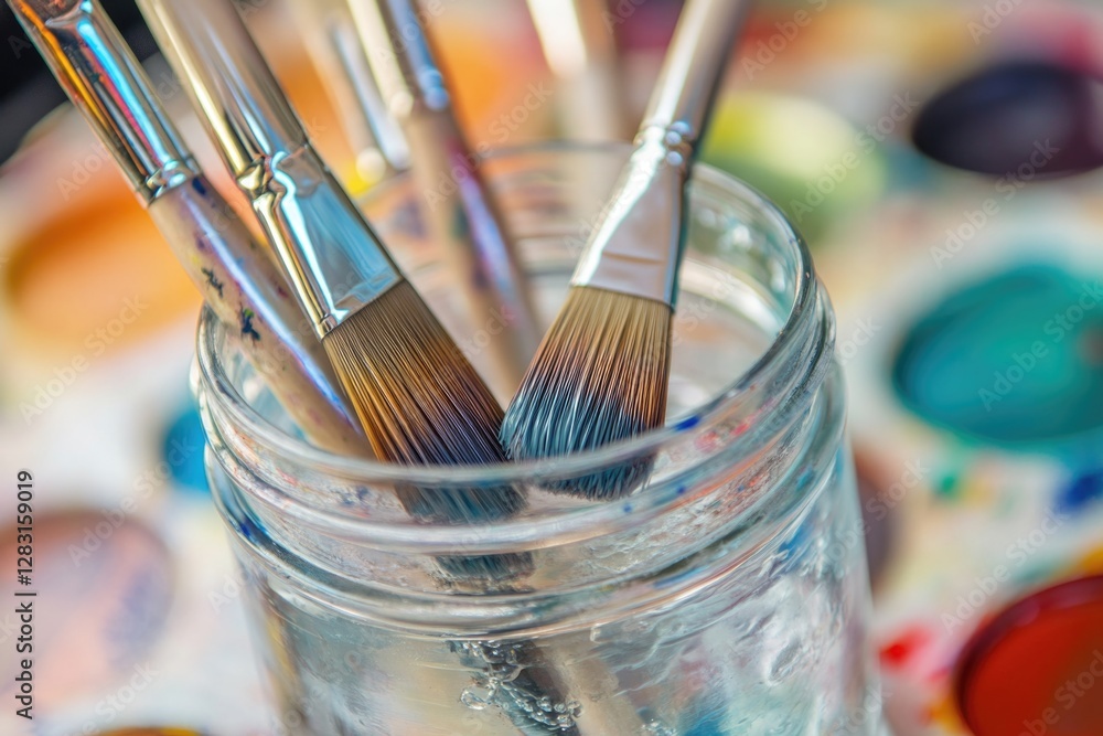 Poster a jar filled with paint brushes on a table, ready for artistic use