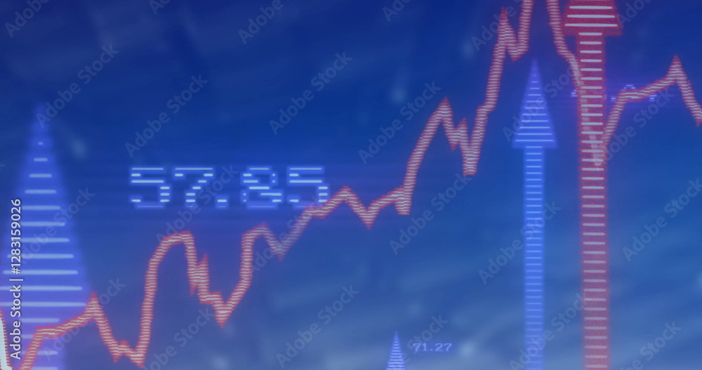 Poster image of financial data processing with arrows on blue background