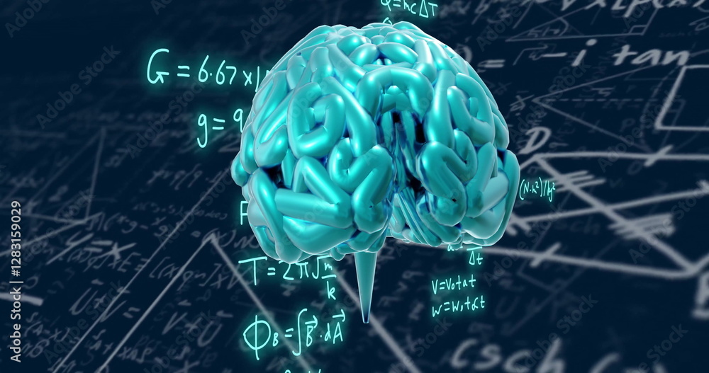 Poster brain image over mathematical equations and formulas
