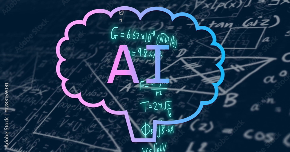 Poster ai text inside brain shape over mathematical equations image