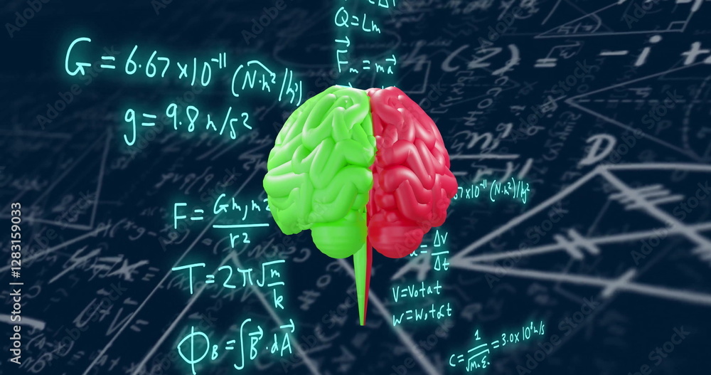 Poster brain model with mathematical equations image over dark background