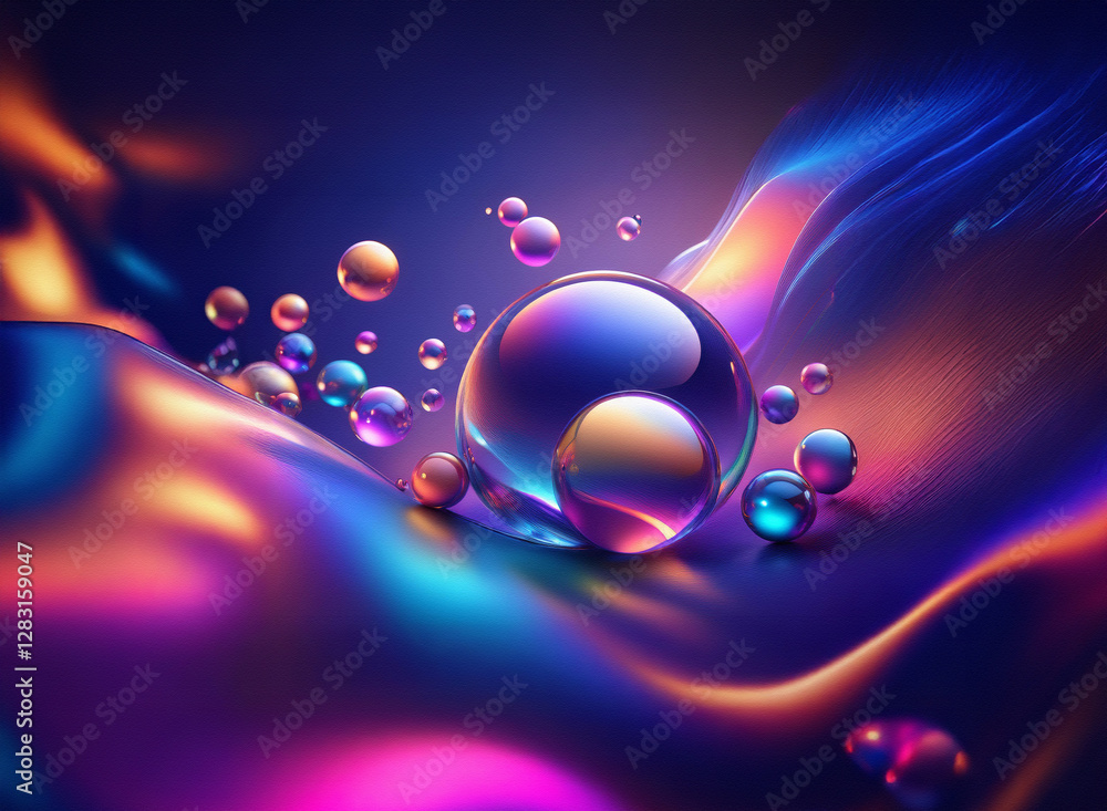 Poster shiny spheres rest on a vibrant, flowing background. iridescent colors blend smoothly, creating a me