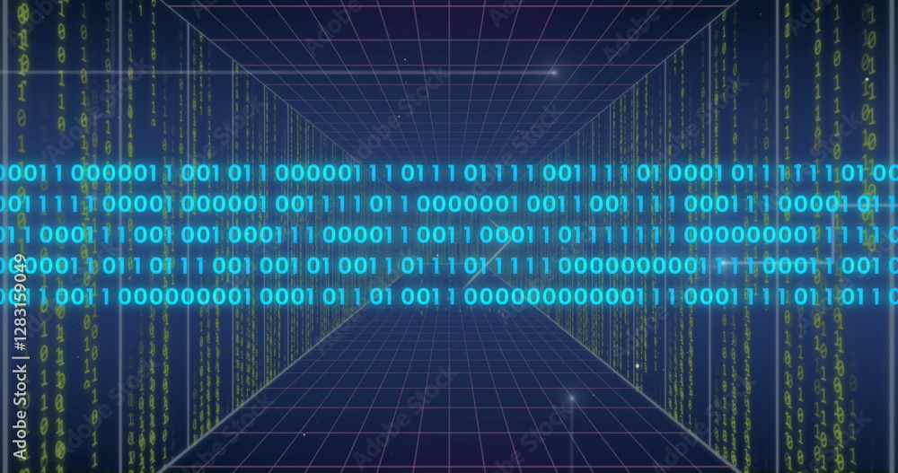 Poster image of data processing over light trails on blue background