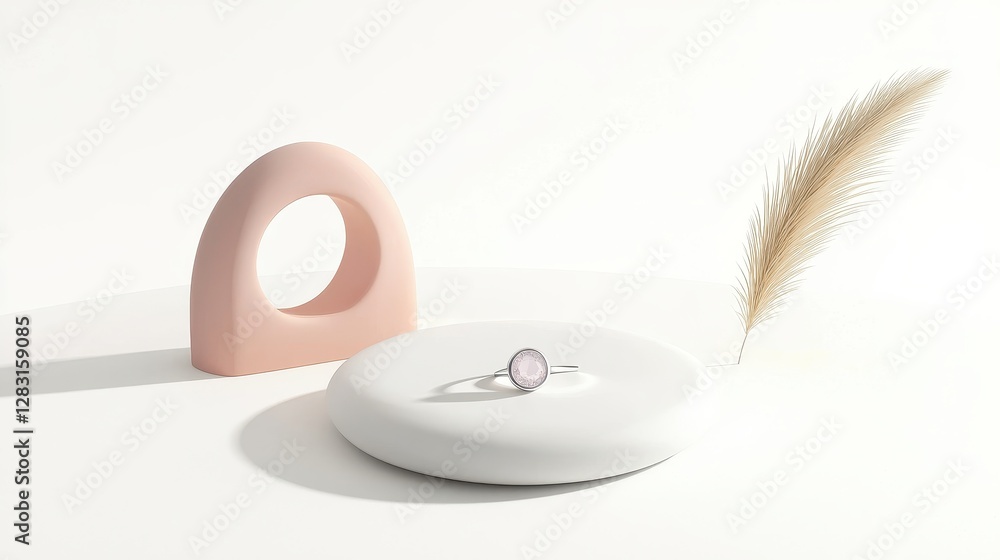 Poster minimalist silver ring with tiny gemstone on a soft background featuring abstract shapes and natural