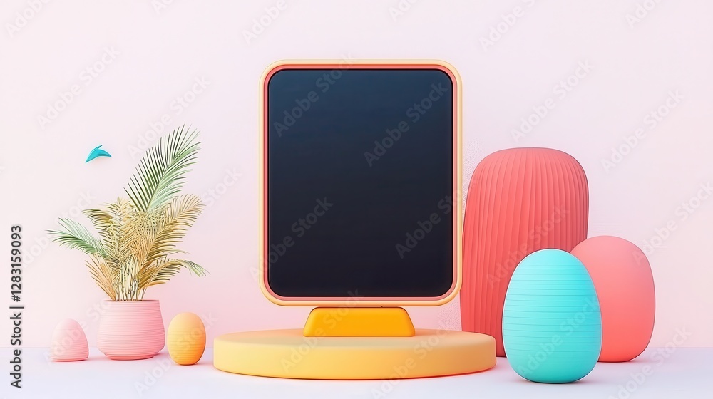 Poster modern digital tablet display with blank black screen and colorful decorative elements in a minimali