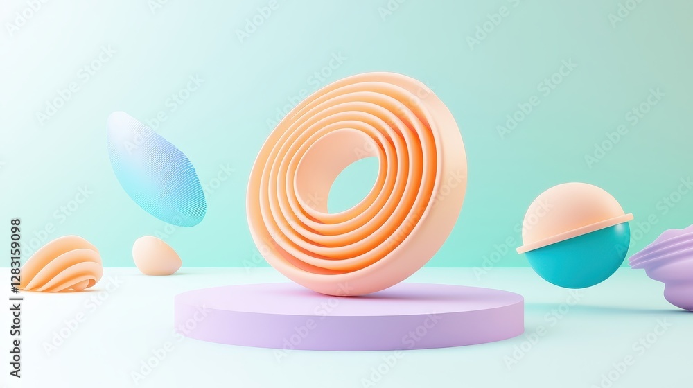 Poster modern coiled led light strip in circular form isolated on soft pastel background with various shape