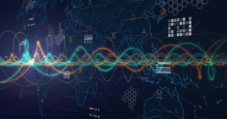 Image of dna strand over world map and data processing