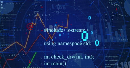 Financial data and binary code image over stock market graphs and charts
