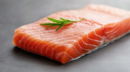 Fresh salmon fillet, rosemary sprig, dark background, food photography, recipe