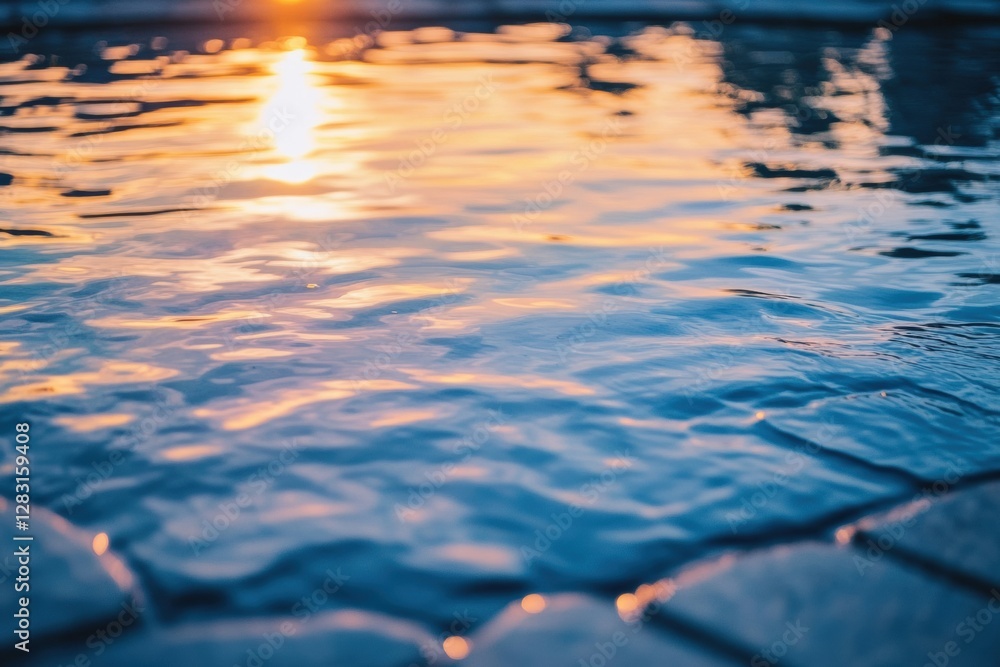 Poster rippling water reflects the warm glow of a sunset over a tranquil swimming pool. generative ai
