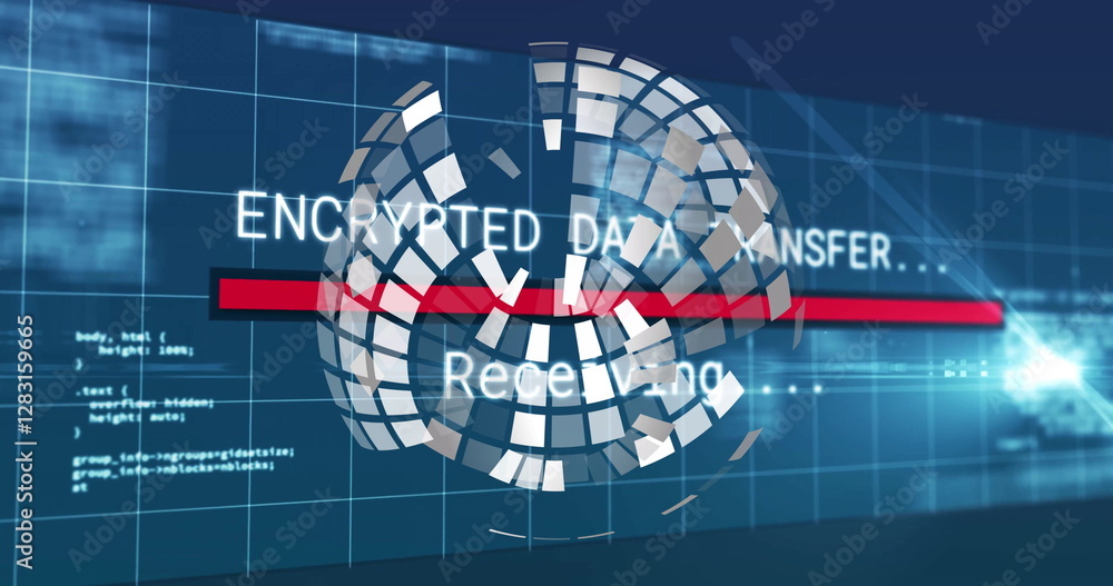 Poster encrypted data transfer image over rotating globe and digital grid