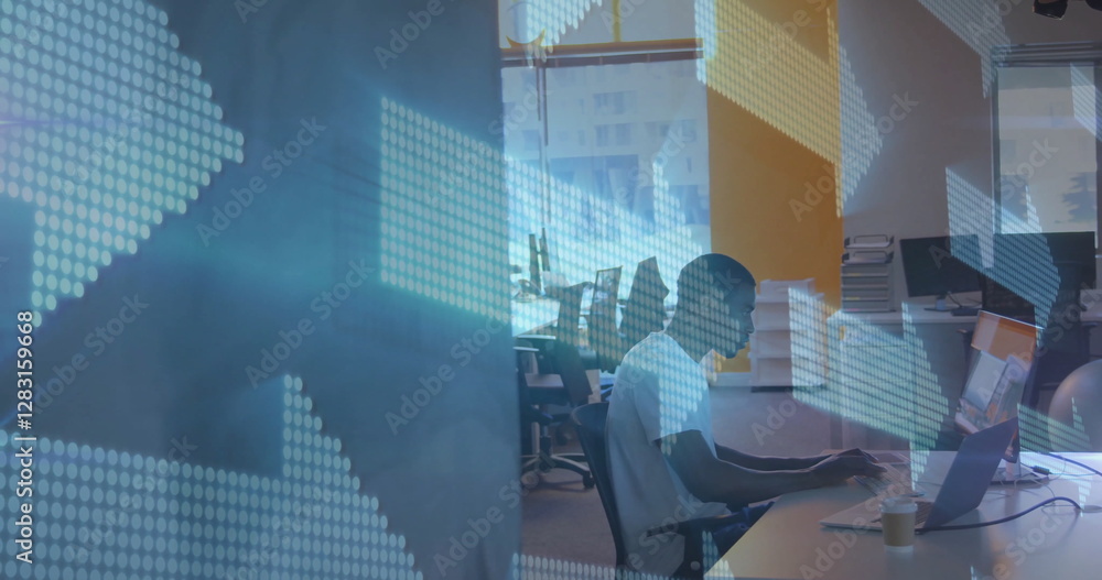 Poster Arrow graphics image over man working on computer in modern office