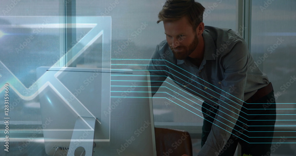 Poster smiling man working on computer with email icon and data lines image