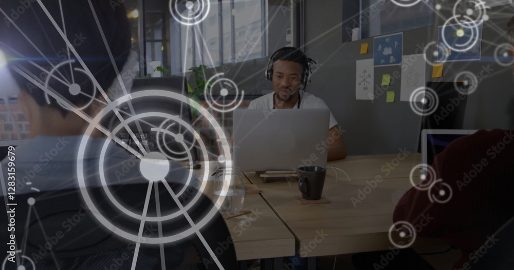 Poster network connections and data processing image over people working in office