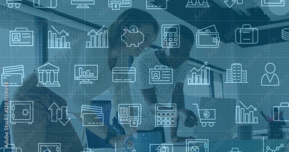 Poster business icons and data analytics image over diverse professionals collaborating in office
