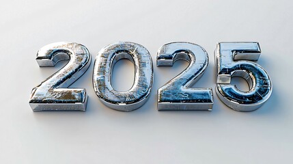 Sleek chrome 2025 numbers for futuristic designs, New Year greetings, tech presentations, and business reports. Modern 3D render with copy space.