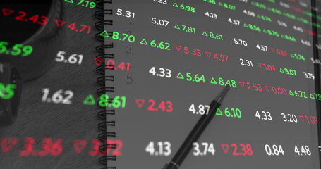 Fototapeta premium Image of financial data processing over notebook