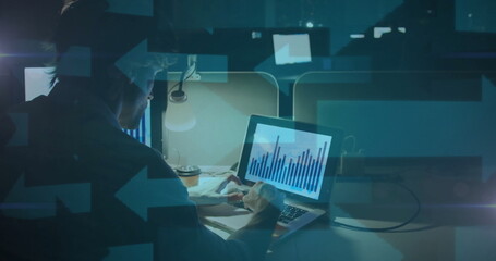 Analyzing financial data on laptop, person working late in office, image overlay