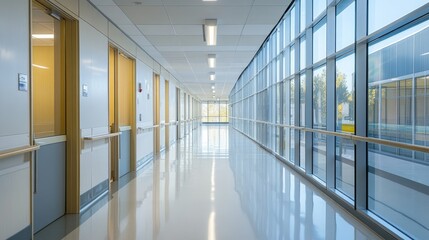 Bright Modern Hospital Corridor with Large Windows and Polished Floors