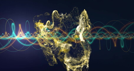 Image of digital data processing over glowing mesh of connections