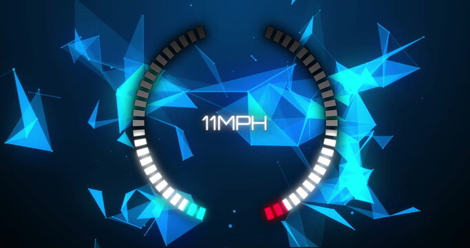 Speedometer image showing 90 MPH over blue geometric shapes
