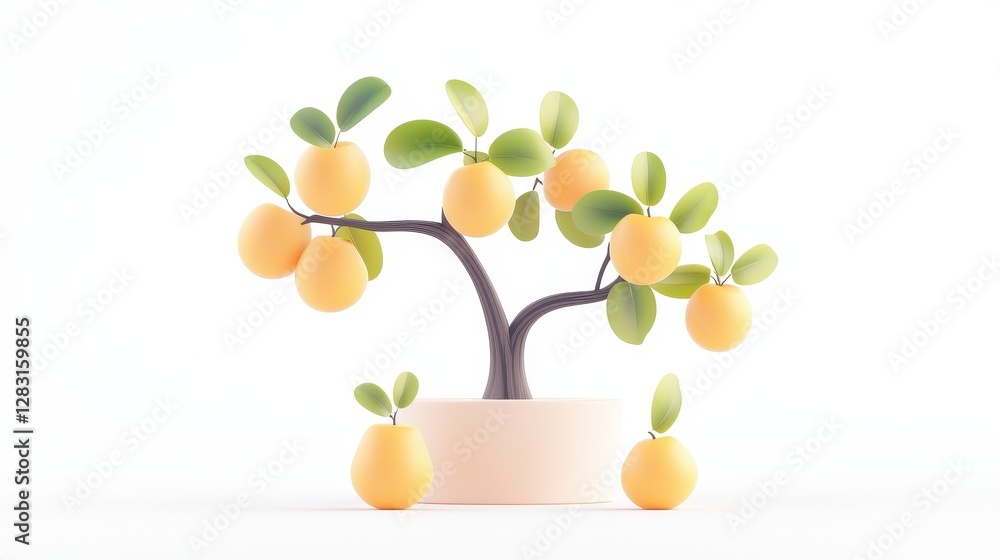 Poster isolated tree with round green pears on a white background in a modern and minimalist design