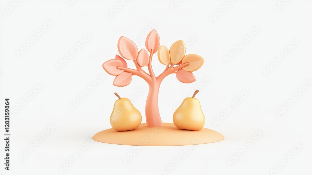 Poster isolated 3d illustration of a stylized pear tree with two round green pears on a minimalist backgrou