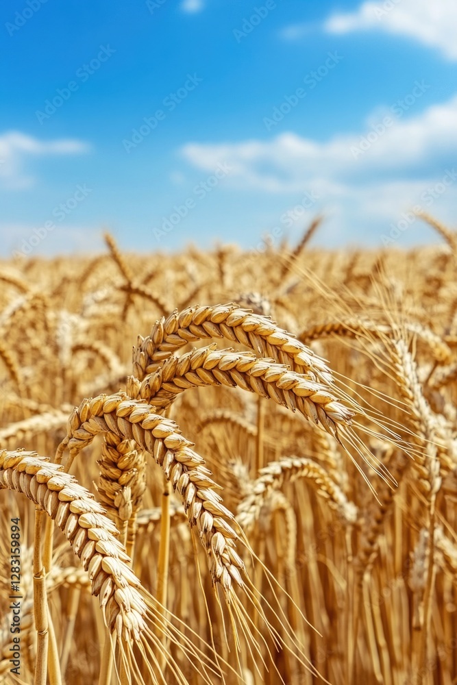 Poster a photograph of a field of wheat with a blue sky in the background, suitable for use in agricultural