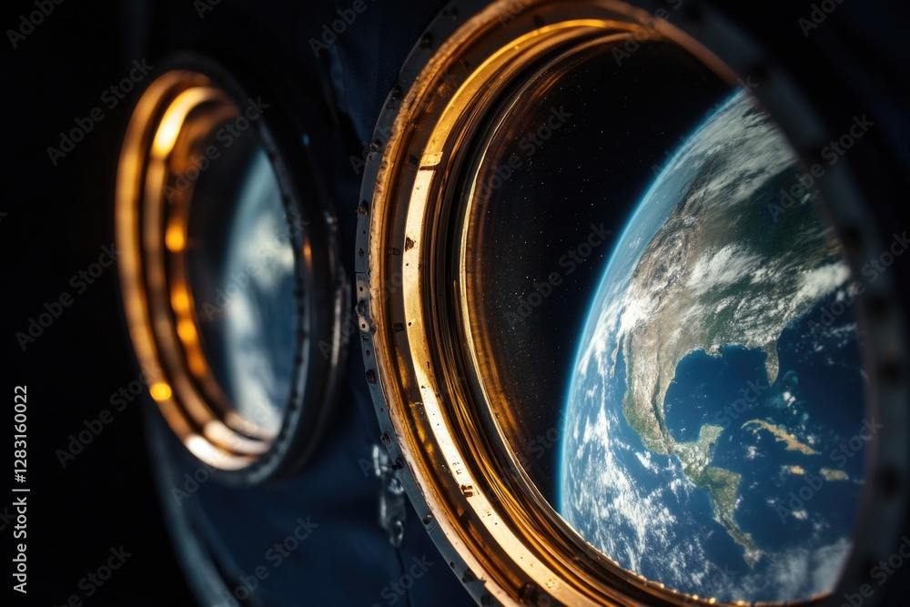 Poster view of the earth from a space station window, providing a unique perspective on our planet