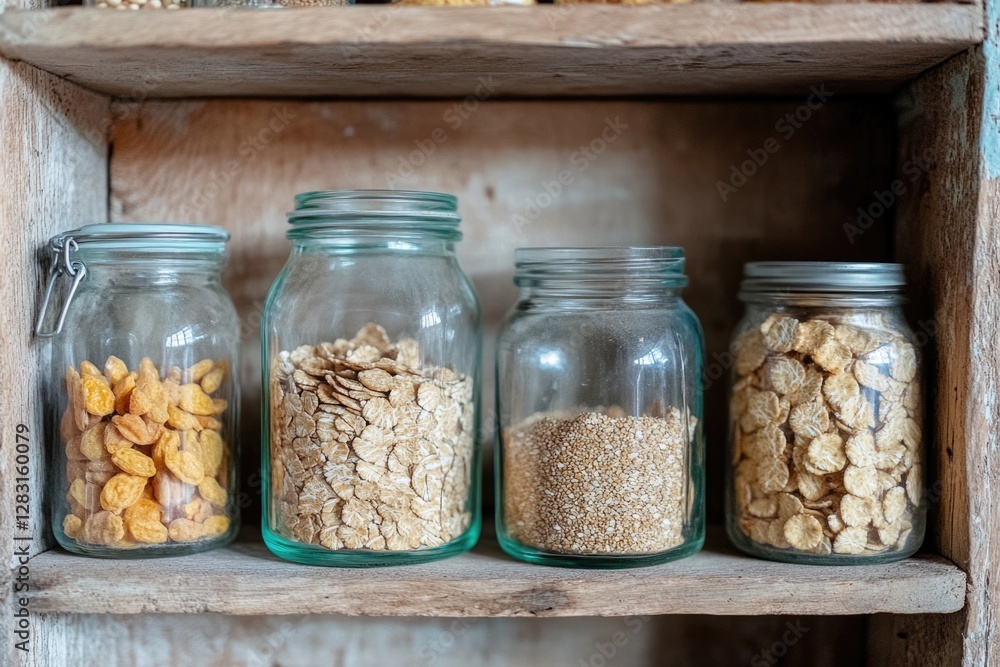 Poster a shelf filled with glass jars containing various types of cereal for snacking or baking