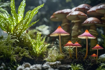 Fototapeta premium A group of mushrooms growing on the forest floor, surrounded by lush green vegetation
