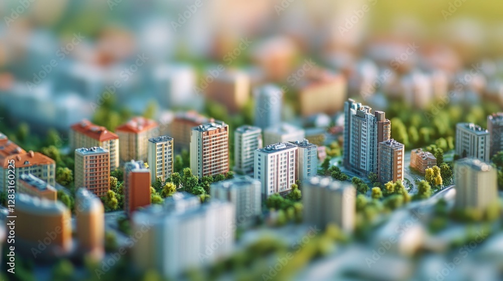 Poster a small model of a city with many buildings, ideal for use in presentations or illustrations about u