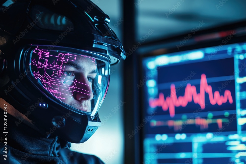 Aufkleber a person wearing a helmet and looking at a computer screen, great for tech or work-related concepts