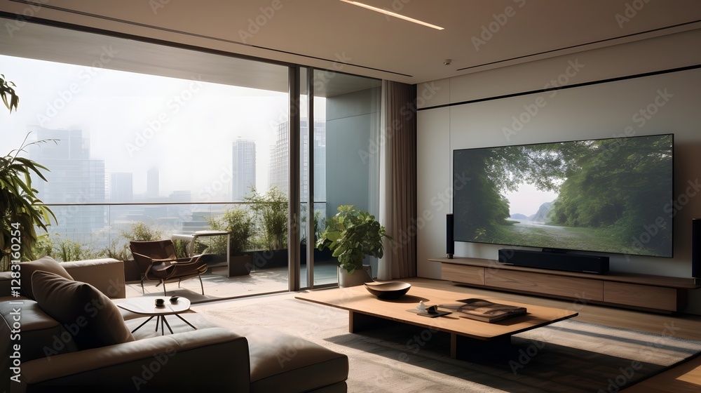 Poster sleek and contemporary apartment interior with automated motorized projector screen lowering down fr