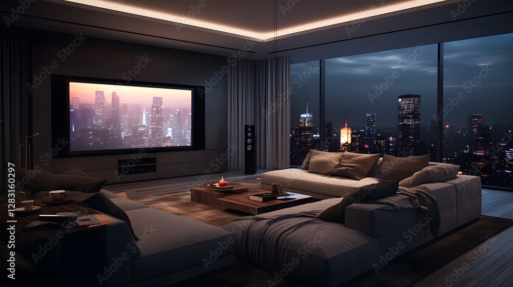 Poster cozy and stylish modern apartment interior with a motorized projector screen lowering elegantly from