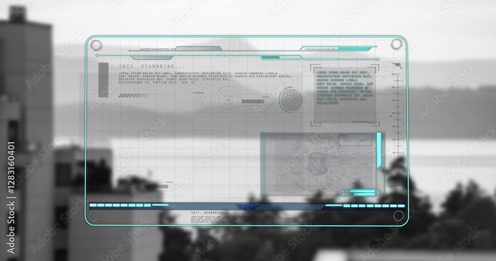 Poster futuristic scanning and data analysis image over cityscape background