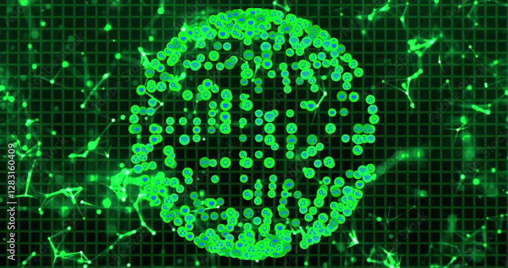 Poster green digital globe with binary code image over network connections on grid background