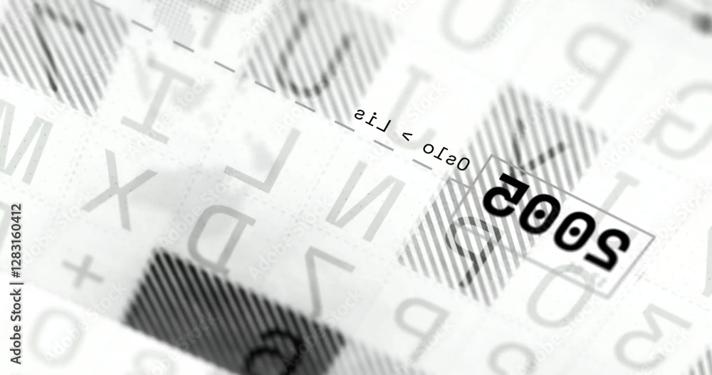 Poster rotating globe and numbers image over abstract background with letters and lines